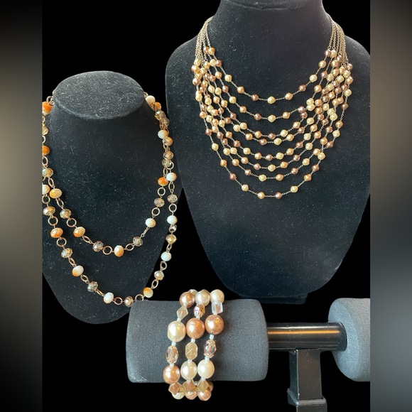 3 Piece Bundle Vintage Pearl & Beige Aurora Borealis Necklace/Bracelet (t15) - Picture 14 of 14